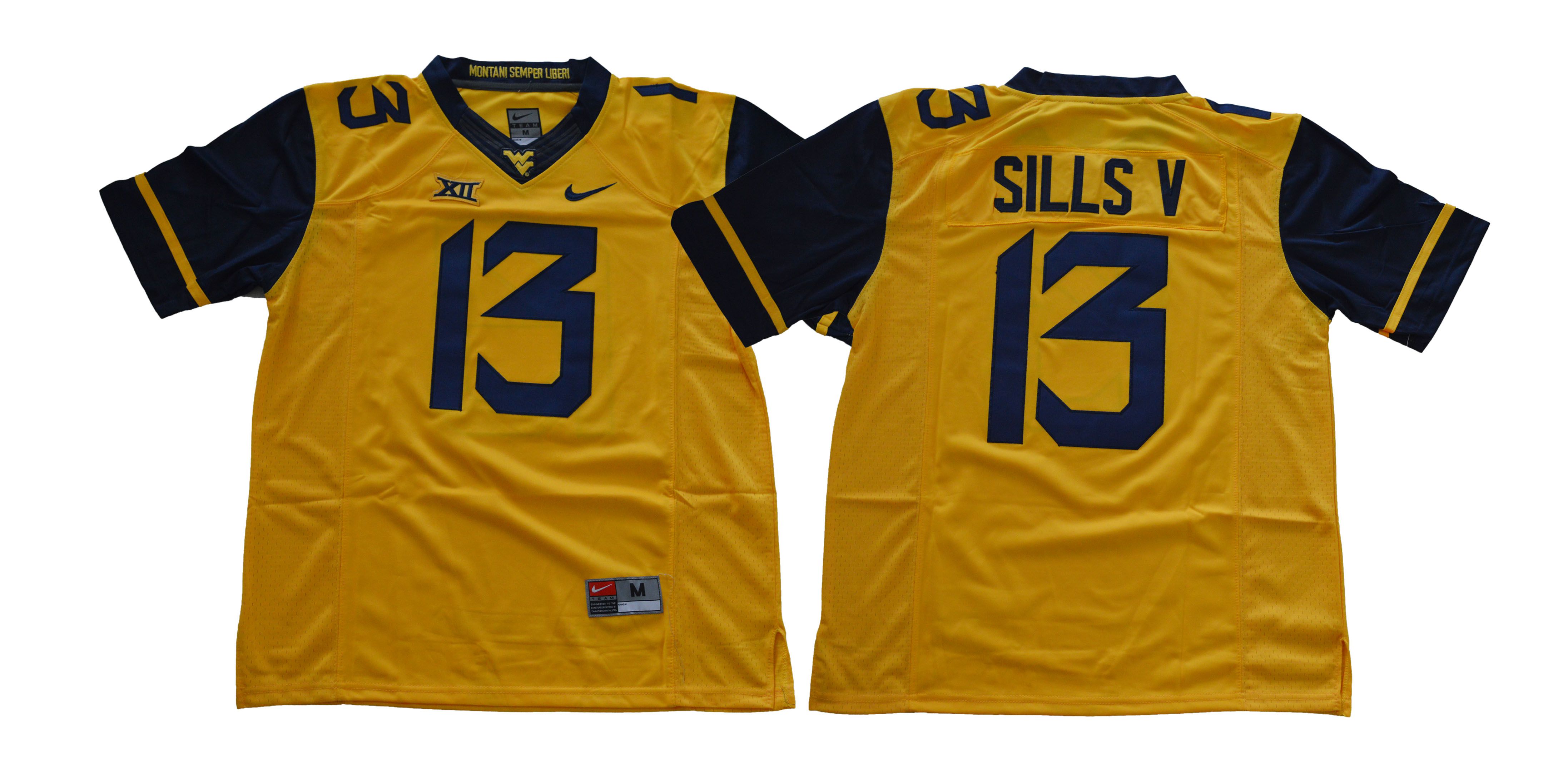 Men West Virginia Mountaineers #13 Sills v Yellow NCAA Jerseys->more ncaa teams->NCAA Jersey